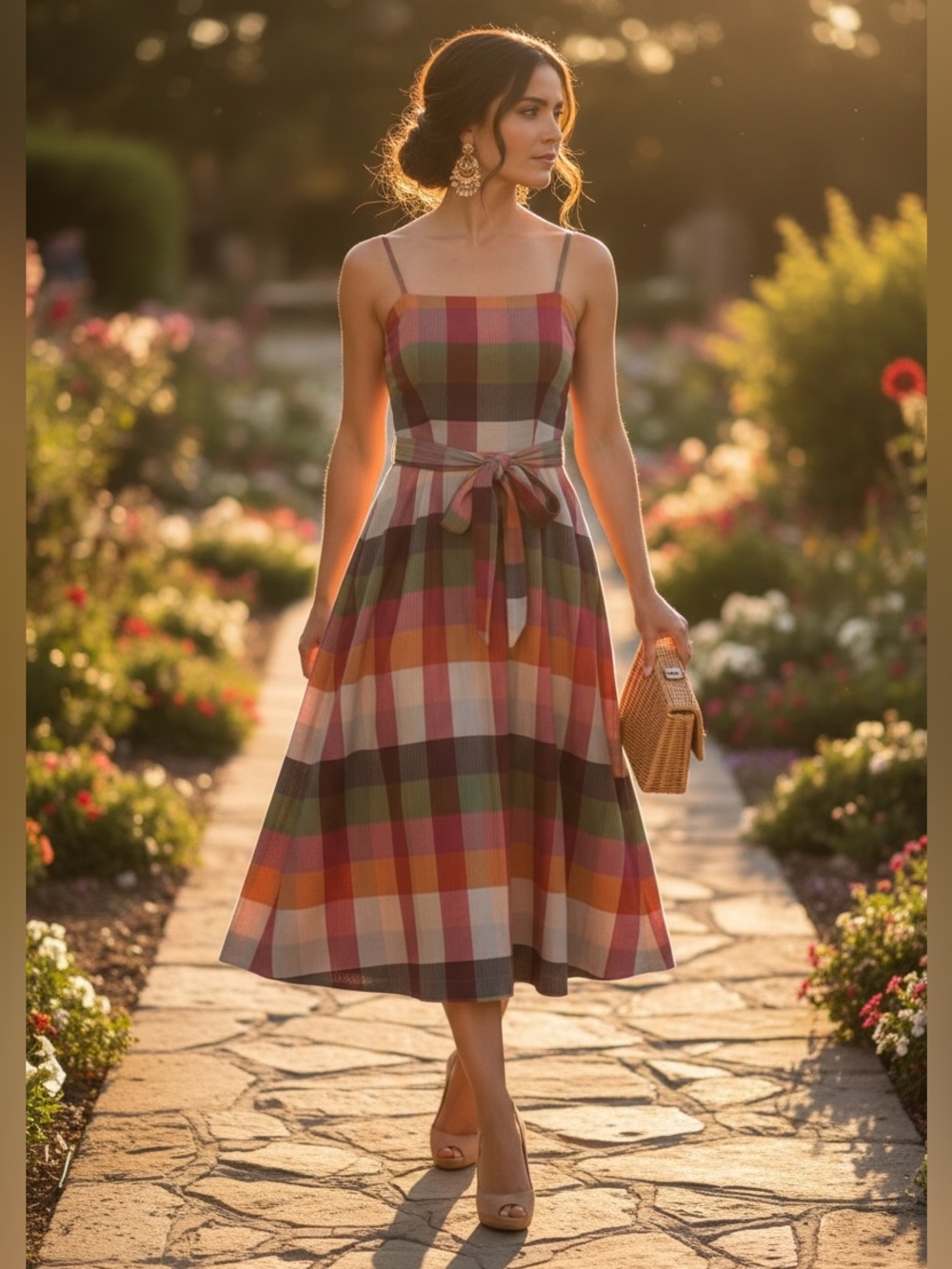 Kate Spade Plaid Midi Sundress with Waist Tie - Multicolor
